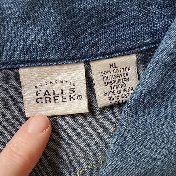 Falls Creek Jacket Women XL Blue Denim Embroidered Floral Button Front Boho Fall - Picture 4 of 8